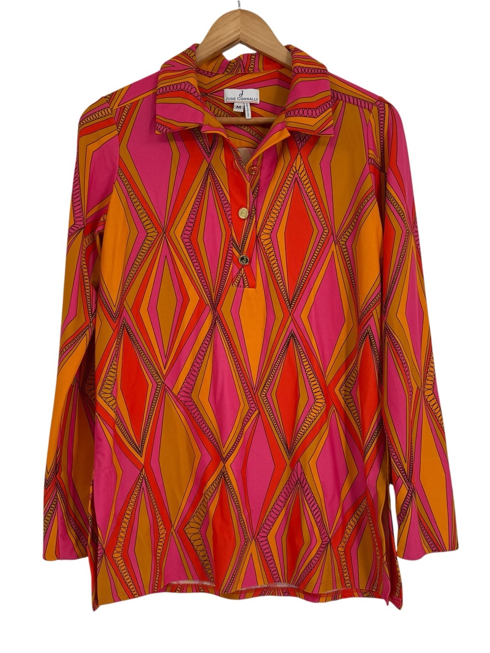 Jude Connally Blouse Top Womens Size M Geometric Stretch 1/4 Button Tunic 70s